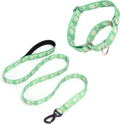 Green Martingale Dog Collar and Leash Set for Female Dogs, Cute Daisy Pattern Girl Dog Collar, Adjustable Soft Durable Pet Collar with 5ft Matching Leash for Small Medium Large Dogs