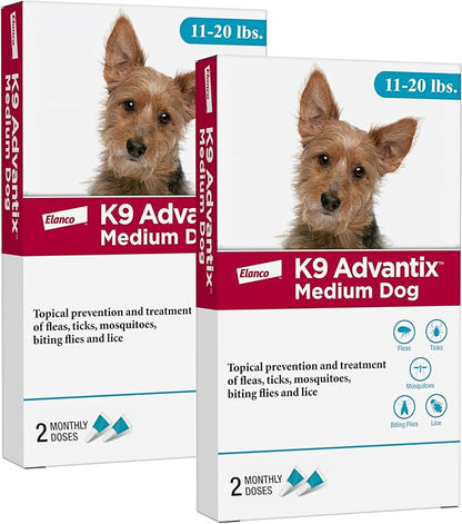 K9 Advantix Flea, Tick & Mosquito Prevention for Dogs 11-20 lbs. Flea Drops for Medium Dogs Apply Monthly 2 Treatments (Pack of 2)