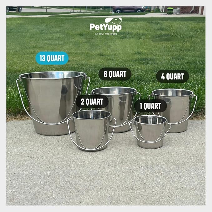 Heavy Duty Stainless Steel Bucket 13 Quart - 3 Gallon Flat Side Metal Bucket for Feeding & Watering Pets, Livestock & Cleaning - Perfect for Crates, Kennels, Cages & Hang on Fences