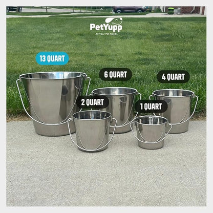 Heavy Duty Stainless Steel Bucket 13 Quart - 3 Gallon Flat Side Metal Bucket for Feeding & Watering Pets, Livestock & Cleaning - Perfect for Crates, Kennels, Cages & Hang on Fences
