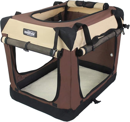 EliteField 4-Door Folding Soft Dog Crate with Curtains, Carrying Bag and Fleece Bed (2 Year Warranty), Indoor & Outdoor Pet Home (36" L x 24" W x 28" H, Brown+Beige)