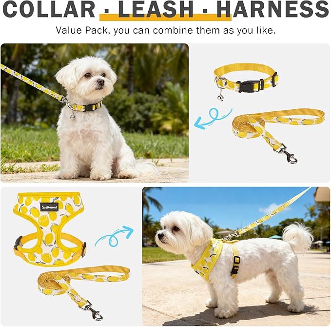 SCENEREAL Small Dog Harness and Leash Collar Set - No Pull Dog Harness for Small & Medium Sized Dogs - Soft Mesh Vest for Puppies, Chihuahua, Yorkie, Spring Summer Hiking Walking, Yellow Lemon XS
