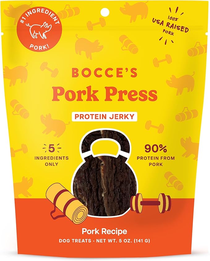 Bocce's Bakery Pork Press Jerky Protein Cuts Dog Treats – Natural & High-Protein, Wheat-Free, Made with Limited and Real Ingredients – Baked in The USA with No Added Salt or Sugar, 5oz