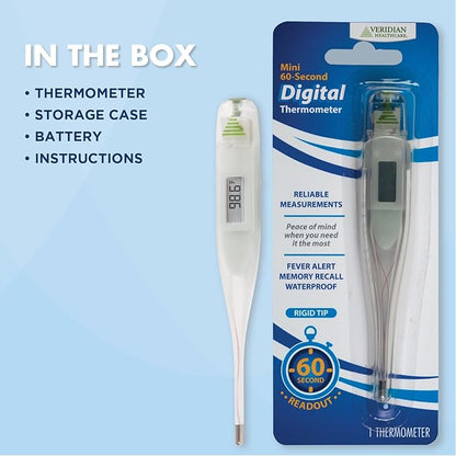 Veridian Healthcare Digital Thermometer | 60-Second Readout | Fahrenheit Measurements | Rigid Tip | Fever Alert | One-Year Warranty
