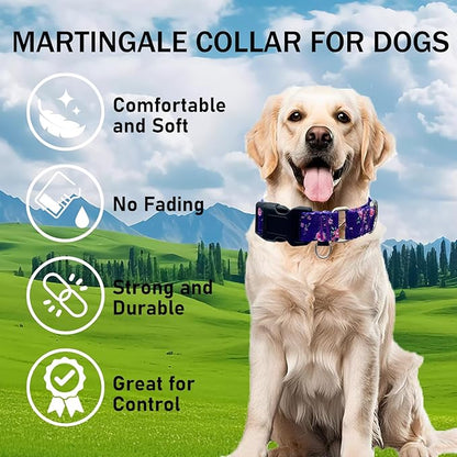 Martingale Collar for Dogs with Buckle Floral Dog Collar Girl Female Soft Nylon Dog Collars for Small Medium Large Dogs (Purple Flower, L)