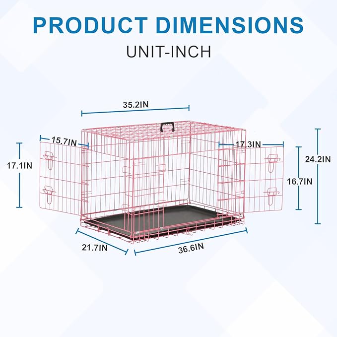 36 inch Dog Crates for Medium Dogs Folding Metal Wire Dog Cage Kennel, Indoor Outdoor Dog Crate Kennels with Handle&Proof Tray Portable Pet Kennel Pink