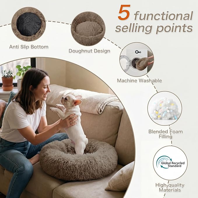WROS Calming Dog Bed, 24" x 24" x 6" Fits Cat & Dog, Anti-Slip Round Washable Faux Fur for Doze Off, Napping Orthopedic, Khaki