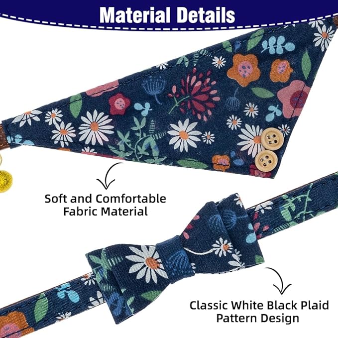 EXPAWLORER Classic Plaid Dog Bow Tie and Bandana Collar with Bell and Tangle Free Leash, Adjustable for Small Dogs, Cats, Puppies, Flower XS