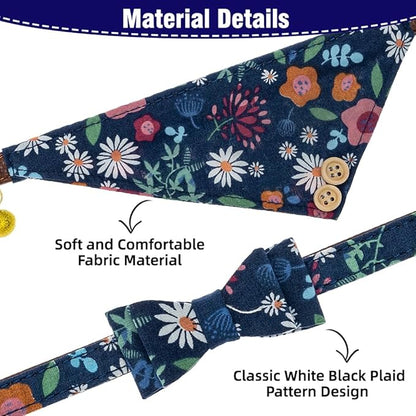 EXPAWLORER Classic Plaid Dog Bow Tie and Bandana Collar with Bell and Tangle Free Leash, Adjustable for Small Dogs, Cats, Puppies, Flower XS