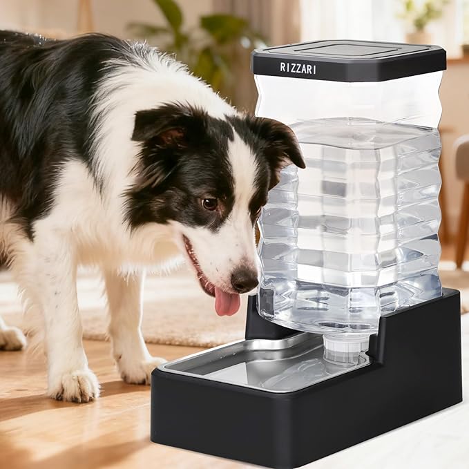 RIZZARI Stainless Steel Dog Water Dispenser : 10L Lagre Capacity Gravity Waterer - Anti-Tip Stay-Put Base - No Power Needed - Leak-Proof Auto Refill - for Large Dogs - Apartment/Office/Pet Corner