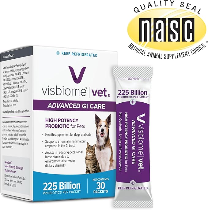 Visbiome® Vet Advanced GI Care High Potency Probiotic for Dogs & Cats – 225B CFU, 8-Strain Formula – Refrigerated, Veterinarian Recommended, Clean Label Certified – 30 Packets