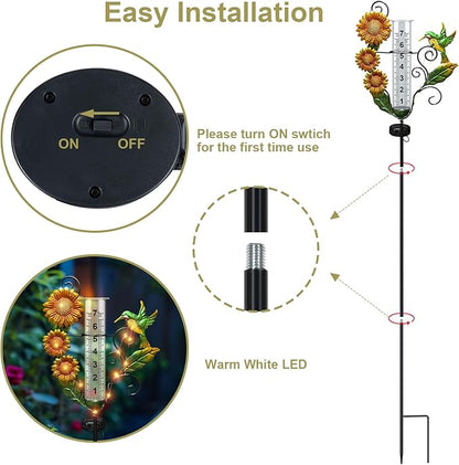 Rain Gauge Outdoor - Solar Rain Gauges with Lights Waterproof Metal Stake Hummingbird & Sunflowers Decorative Rain Gauge Freeze Proof 7" Measuring Cup for Garden Yard Lawn Decor