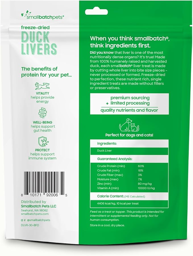 smallbatch Freeze Dried Dog Treats, Duck Liver Treats for Dogs & Cats, High Protein, Single Ingredient Dog Treat for Training or Food Topper, Natural, Humanely Sourced Meat, Made in the USA, 3 oz