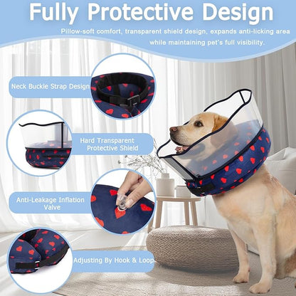 Inflatable Dog Cone Collar with Enhanced Anti-Licking Shield – Soft Adjustable Recovery Collar for Dogs & Cats After Surgery – Fits Large, Medium, Small Pets (Blue Love, Large)