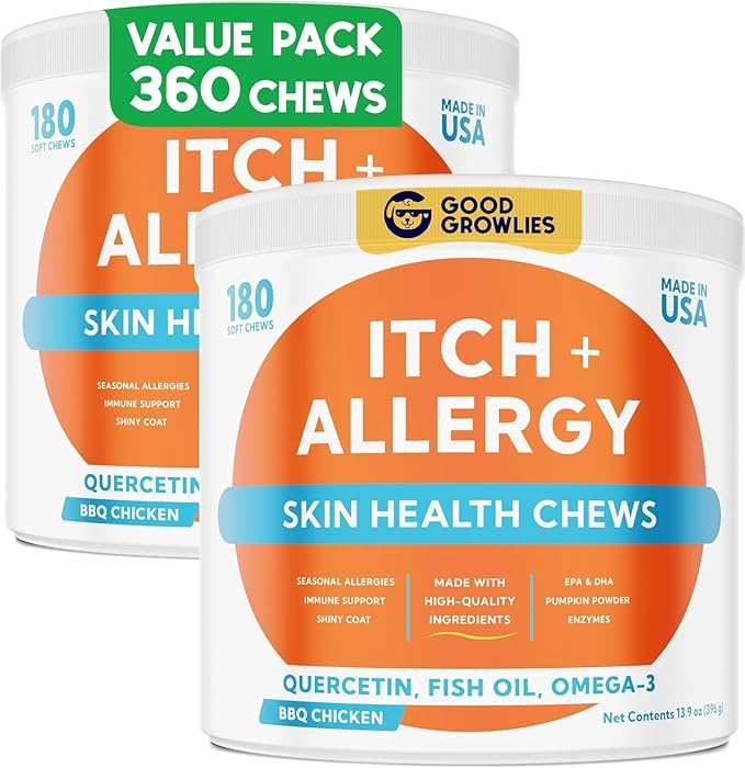Dog Allergy Relief Chews — Anti-Itch Skin & Coat Supplement: No Fillers, Just Flavor - Itchy Skin Relief Treatment w/Omega 3 Fish Oil - Itching&Paw Licking - 360Ct (BBQ Chicken)