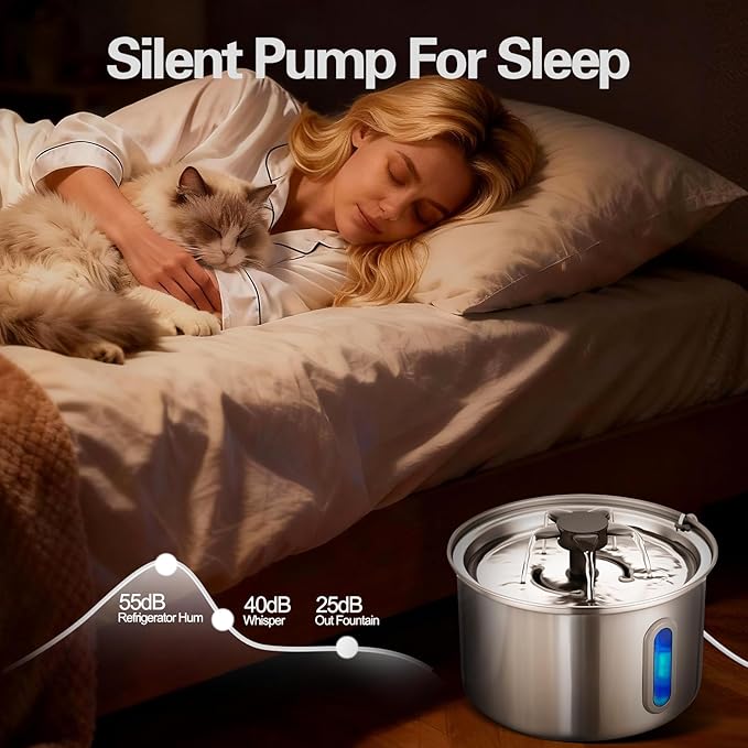 3L/101oz Stainless Steel Cat Water Fountain for Indoor Use - Ultra Quiet Automatic Cat Fountain for Drinking, Pet Water Foutain for Cat with LED Window, Easy to Clean (8 Filters & 8 Sponges)
