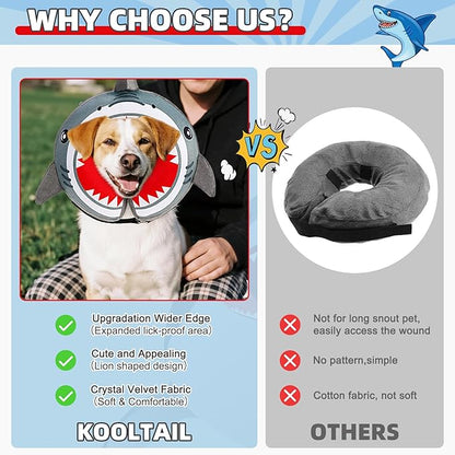 KOOLTAIL Inflatable Dog Cone Collar, Soft Donut E Collar for Dogs After Surgery to Stop Licking Enhanced Alternative, Blow Up Pet Neck Pillow Recovery Adjustable Cone for Dog Cat, Upgrade Size,Shark M