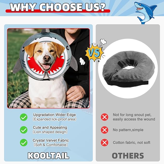 KOOLTAIL Inflatable Dog Cone Collar, Soft Donut E Collar for Dogs After Surgery to Stop Licking Enhanced Alternative, Blow Up Pet Neck Pillow Recovery Adjustable Cone for Dog Cat, Upgrade Size,Shark L