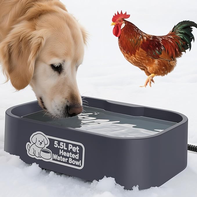IPOW Extra Large Heated Water Bowl - 5.5L Outdoor Heated Dog Bowl with Long Cord, Keep Water Warm at 77-95℉ for Cats Dogs Rabbit Chicken Duck, BPA-Free, Gray, Rectangular, 1.5 Gallons, 194 fl oz