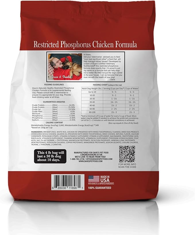 Dave’s Pet Food Kidney Care Dog Food (Chicken Formula Crumble), Non-Prescription, Low Phosphorus, Low Protein , Renal Kidney Support, Vet Formulated, 4 lb