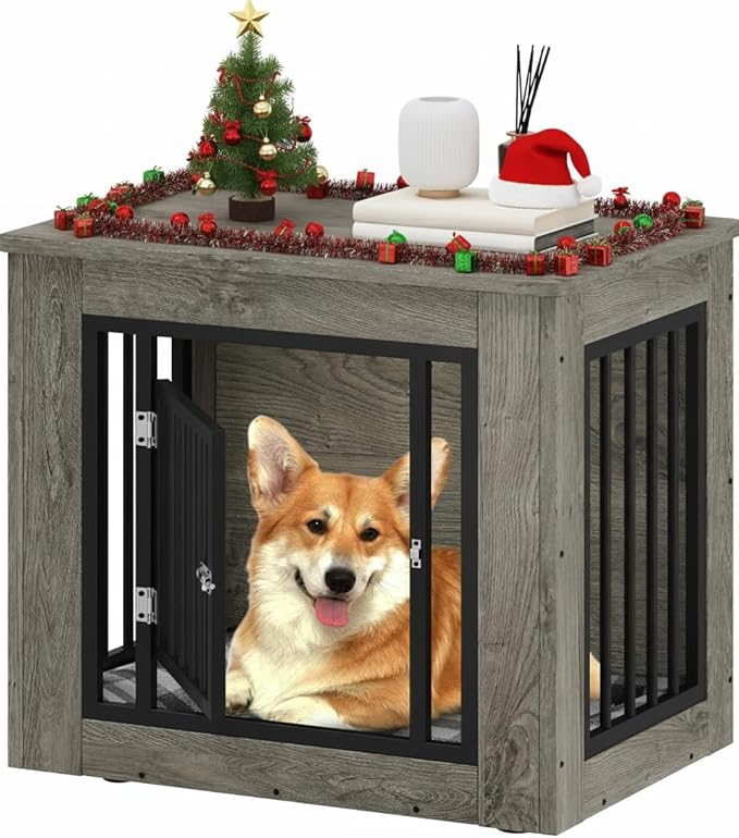 YITAHOME 27.2" L Dog Crate Furniture for Medium Dogs, 2-in-1 Iron-Wood Fusion Dog cage Indoor up to 30 lb, Side End Table, Modern Dogs Kennel with Waterproof Top, Safety Corners,Steel Lock,Grey