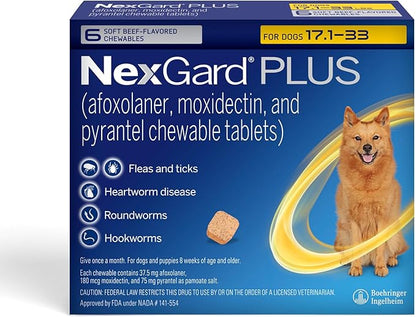 NexGard Plus (afoxolaner, moxidectin, and pyrantel) Flea and Tick Protection & Heartworm Preventive for Dogs Soft Beef Flavored Chewables, 17.1-33 lbs. (Gold) 6 Chews (6 Month Supply)