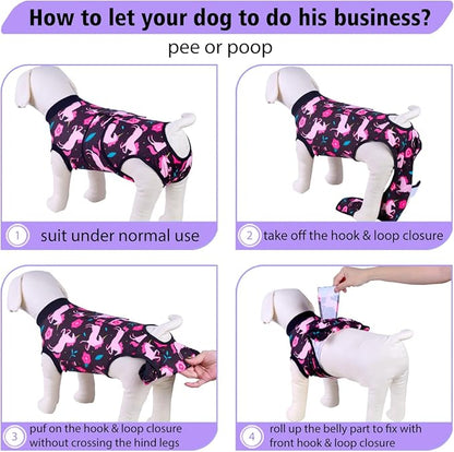 PetWarm Dog Spay Recovery Suit, Recovery Suit for Dogs, Spay and Neuter, Prevents Licking Cotton Protect Dog Abdominal, E-Collar Alternative, Unicorn Pattern, Black, XS