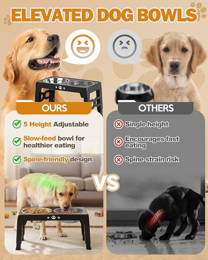 Jovrun Elevated Dog Bowls for Medium Size Dogs with Mat, Non-Slip Dog Feeder with 1*Stainless Steel Dishes & 1*Slow Feeder Bowl, 5 Heights Adjustable Raised Bowls for 3.15″-8.66″-9.84″-11.02″-12.2″
