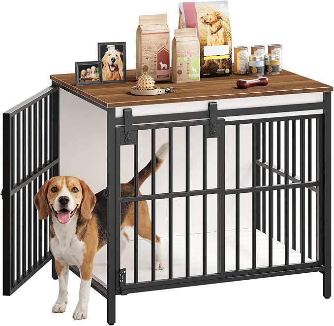 HOOBRO Dog Crate Furniture with Sliding Barn Door, Dog Kennel Indoor for Small/Medium Dogs, Heavy Duty Dog Cage with 2 Doors, End Table for Living Room, Bedroom, Rustic Brown and Black BWH73GW03