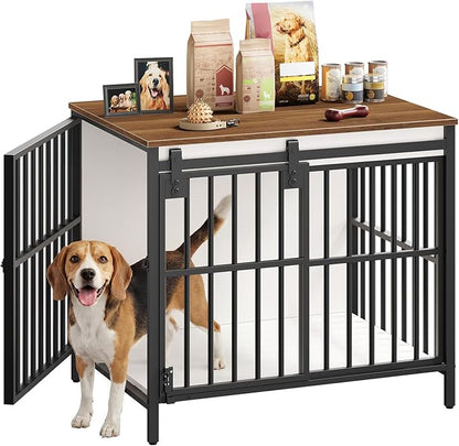 HOOBRO Dog Crate Furniture with Sliding Barn Door, Dog Kennel Indoor for Small/Medium Dogs, Heavy Duty Dog Cage with 2 Doors, End Table for Living Room, Bedroom, Rustic Brown and Black BWH73GW03