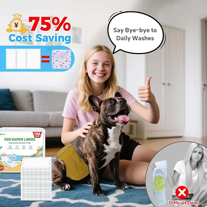 Dog Diaper Liners 150ct, Upgraded Ultra-Thin & Super Absorbent Dog Diapers Booster Pads for Male and Female Dogs, Disposable Doggy Diapers Inserts for Dog Belly Bands Wraps Period Panties (Regular)