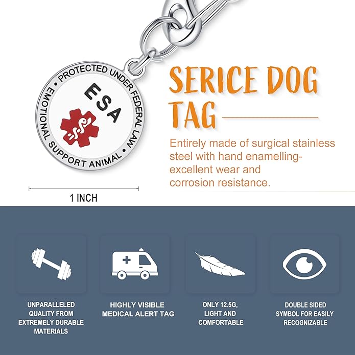 Service Dog Tag/ESA Animal Tag - Double Sided with Federal Protection & Red Medical Alert Symbol| Easily Attach to Collar, Harness, Vest | Service Dog Identification Tag