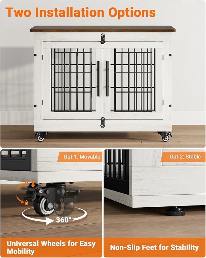 YaFiti Dog Crate Furniture with Cushion Set of 2, Wooden Dog Kennel Indoor with Double Doors, Dog Cage with Wheels, Dog House Side End Table for Small Medium Dogs up to 45 lb, 32.5" L, White