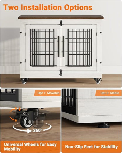YaFiti Dog Crate Furniture with Cushion Set of 2, Wooden Dog Kennel Indoor with Double Doors, Dog Cage with Wheels, Dog House Side End Table for Small Medium Dogs up to 45 lb, 32.5" L, White