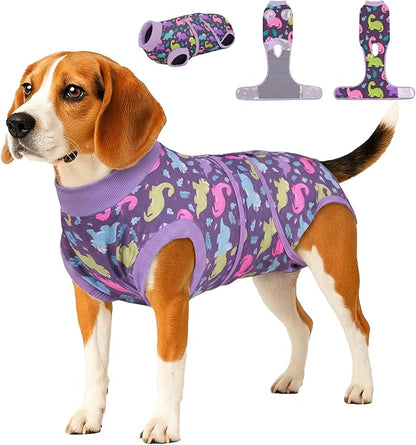 PetWarm Dog Surgery Suit, Surgical Recovery Suit for Dogs, Substitute E-Collar and Cone, Anti-Licking Pet Recovery Suit for Dogs, Dog Bodysuit, Dinosaur Pattern, Purple, L