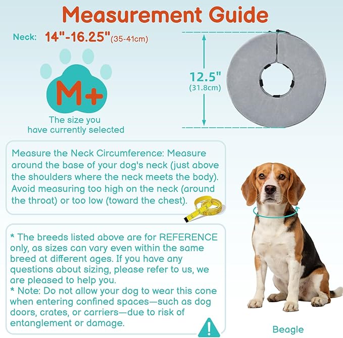 Sponge Dog Cone After Surgery, No Inflation Required Dog Donut Collar to Stop Licking, Inflatable Cone Alternatives for Medium Pets, Soft Recovery Collar with Protective Shield (Grey, M+)
