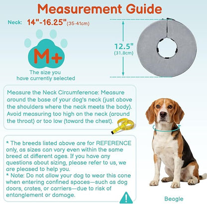 Sponge Dog Cone After Surgery, No Inflation Required Dog Donut Collar to Stop Licking, Inflatable Cone Alternatives for Medium Pets, Soft Recovery Collar with Protective Shield (Grey, M+)