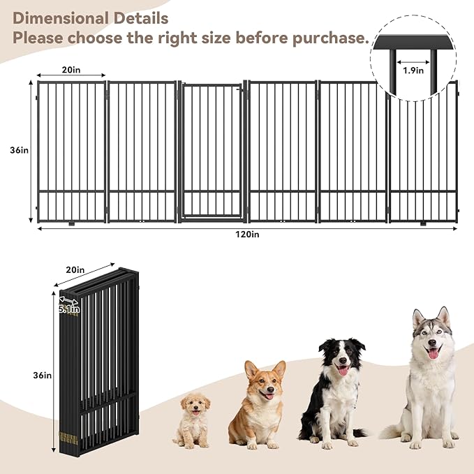 SNUOWU Full Metal Freestanding Dog Gate with Door, 36''Height Foldable Pet Dog Fence for Indoor & Outdoor, 6 Panels Extra Wide Free Standing TallDog Gates for Doorways,House,Stairs,Porch,Deck,Yard