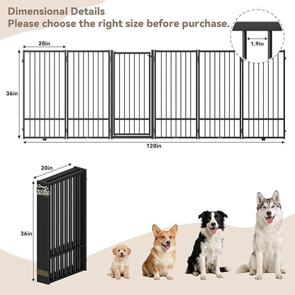 SNUOWU Full Metal Freestanding Dog Gate with Door, 36''Height Foldable Pet Dog Fence for Indoor & Outdoor, 6 Panels Extra Wide Free Standing TallDog Gates for Doorways,House,Stairs,Porch,Deck,Yard