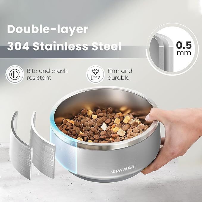 Pawaii Dog Bowl, 34 oz Double-Wall Stainless Steel Food and Water Bowl, Non-Slip Rubber Base, Dishwasher Safe, ID Tag Included, (1 Pack)