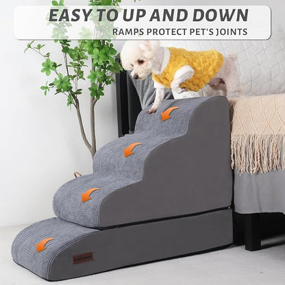Aodisman 4-Step Dog Stairs and Ramp for Beds or Couches – Non-Slip Sturdy Pet Steps for Small Dogs and Cats,21" H,Grey