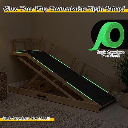 6 Level Height Adjustable Dog Ramp for Bed, Couch 65" Foldable Pet Ramp with Non-Slip Mat，DIY Glow Strips & Rest Platform Heavy Duty Dog Stairs for Large Dogs up to 200Lbs ，Wood Color