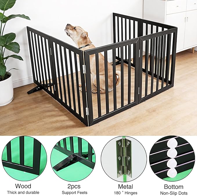 Dog Gate Indoor, Freestanding Dog Fence for The House, Doorways, Hallways,or Stairs,Pet Gate Foldable Wooden,Expandable 32" Height 6 Panels,Black