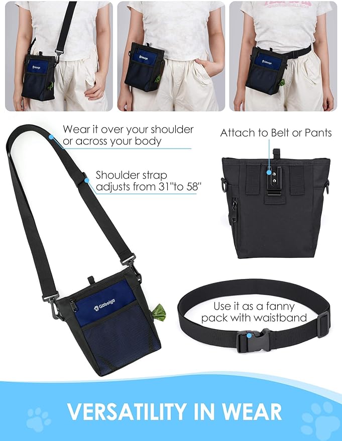 Gobeigo Dog Treat Pouch, Magnetic Closure & Sealable Silicone Bag Insert, 4-Cup Capacity – Belt Clip/Waist Belt/Crossbody Wear, Clicker Included – Great for Pet Training & Walking (Navy Blue)