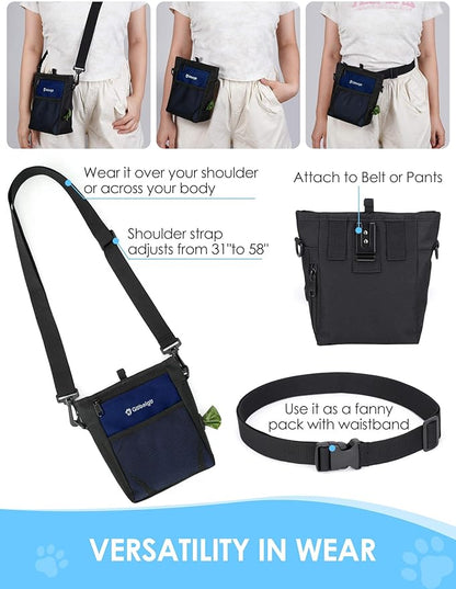 Gobeigo Dog Treat Pouch, Magnetic Closure & Sealable Silicone Bag Insert, 4-Cup Capacity – Belt Clip/Waist Belt/Crossbody Wear, Clicker Included – Great for Pet Training & Walking (Navy Blue)