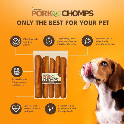 Pork Chomps Roasted Pork Skin Dog Chew, 8 Inch Roll, 5 Count - Long-Lasting Treats for Dogs - High Protein, Rawhide-Free, Low Fat, Healthy & Delicious Chews