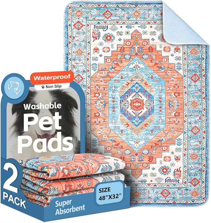 Washable Pee Pads for Dogs 2 Pack Reusable Puppy Training Pads 48"x32" Super Absorbent Waterproof Dog Training Pads, Non-Slip Potty Pads Whelping Pads Litter Mat Pet Supplies - Orange/Mix