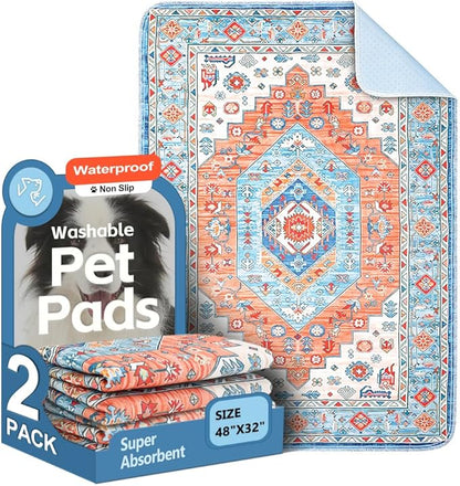 Washable Pee Pads for Dogs 2 Pack Reusable Puppy Training Pads 48"x32" Super Absorbent Waterproof Dog Training Pads, Non-Slip Potty Pads Whelping Pads Litter Mat Pet Supplies - Orange/Mix