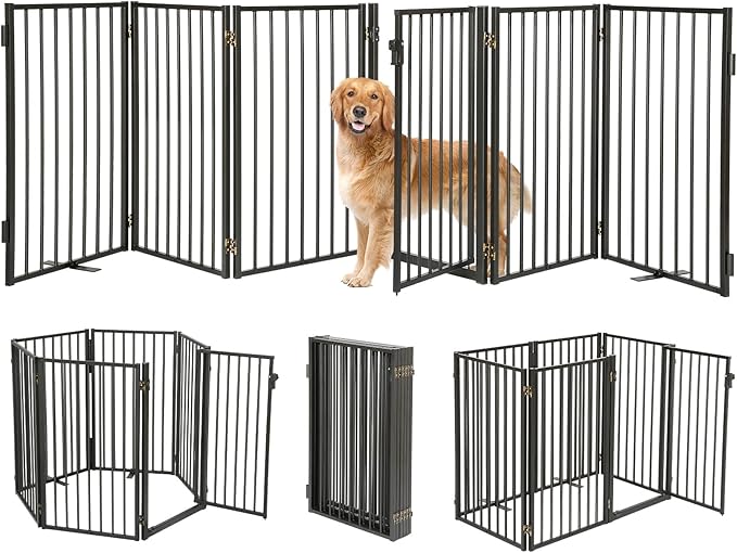 Metal Freestanding Dog Gates with Door for Outdoor Indoor,120'' Extra Wide 24'' Tall Free Standing Dog Gate for Doorways,Large Openings,Deck,Yard,Porch,Foldable Safety Pet Fence(Black,6 Panels)