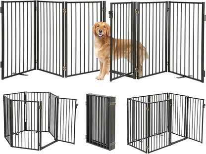 Metal Freestanding Dog Gates with Door for Outdoor Indoor,120'' Extra Wide 24'' Tall Free Standing Dog Gate for Doorways,Large Openings,Deck,Yard,Porch,Foldable Safety Pet Fence(Black,6 Panels)